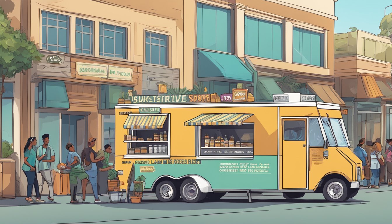 A food truck parked on a bustling street in Anaheim, California, with a line of customers waiting to order. The truck displays a sign with operational guidelines and food laws