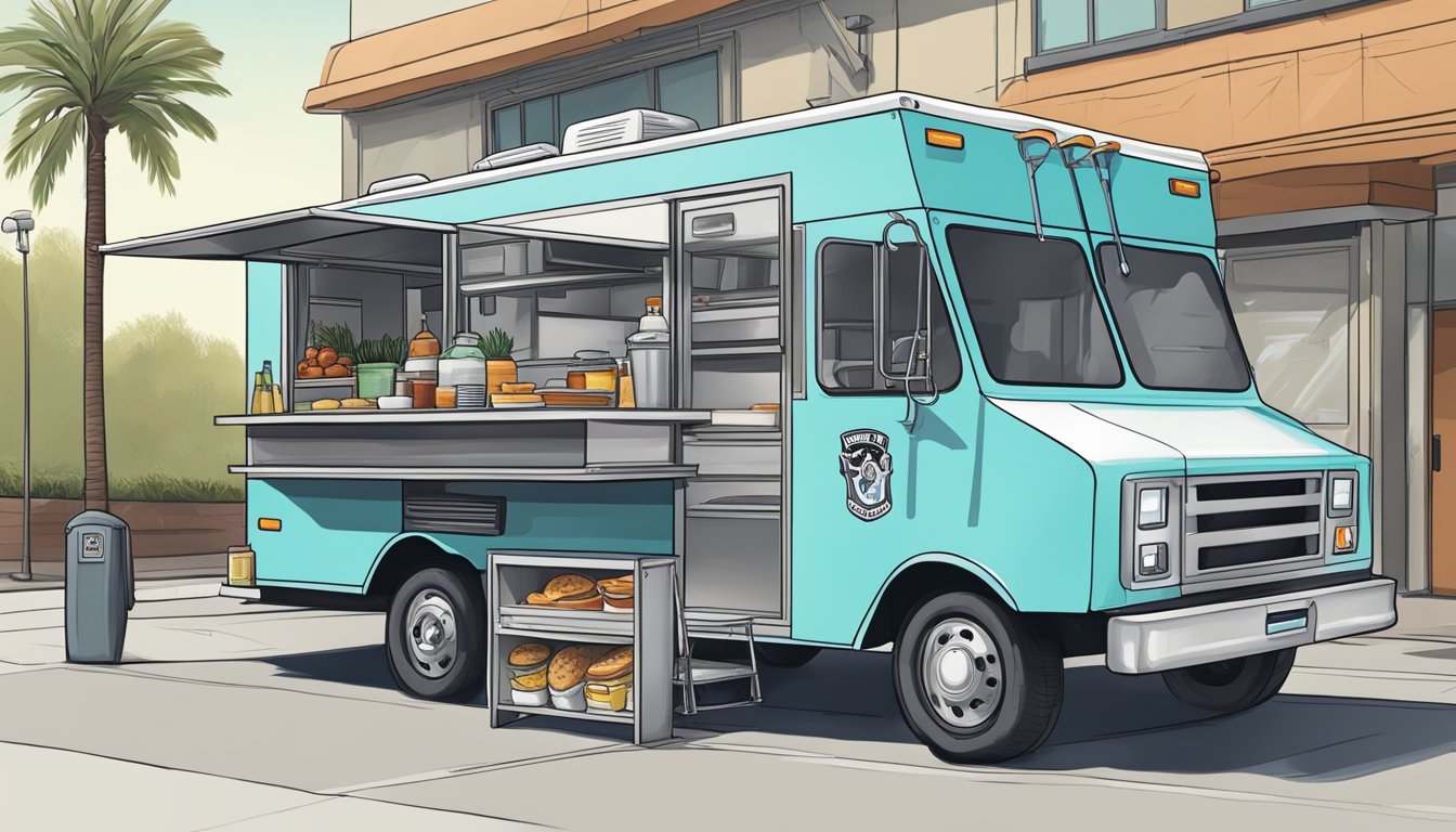 A food truck parked in Anaheim, California undergoes maintenance and inspections to comply with local laws