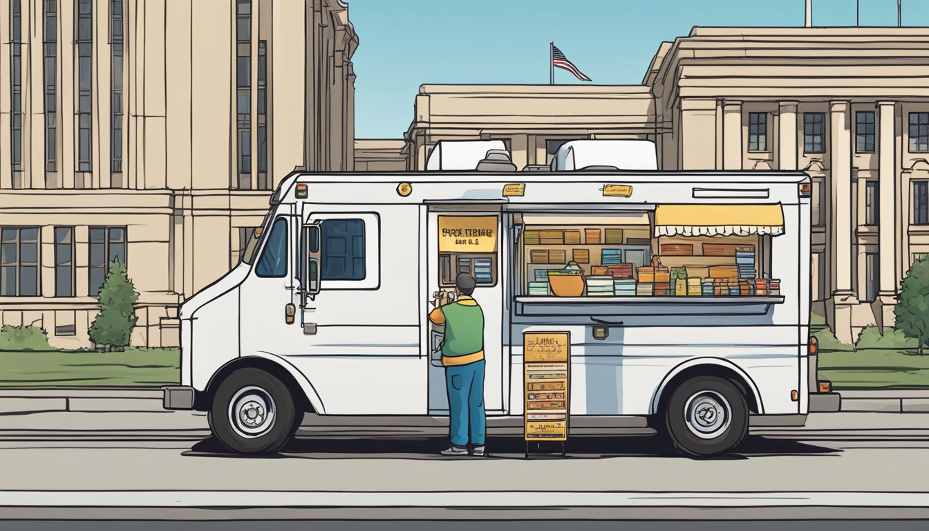 A food truck parked outside a government building, displaying permits and licenses on the window. A city official inspects the truck for compliance with North Dakota's food truck laws