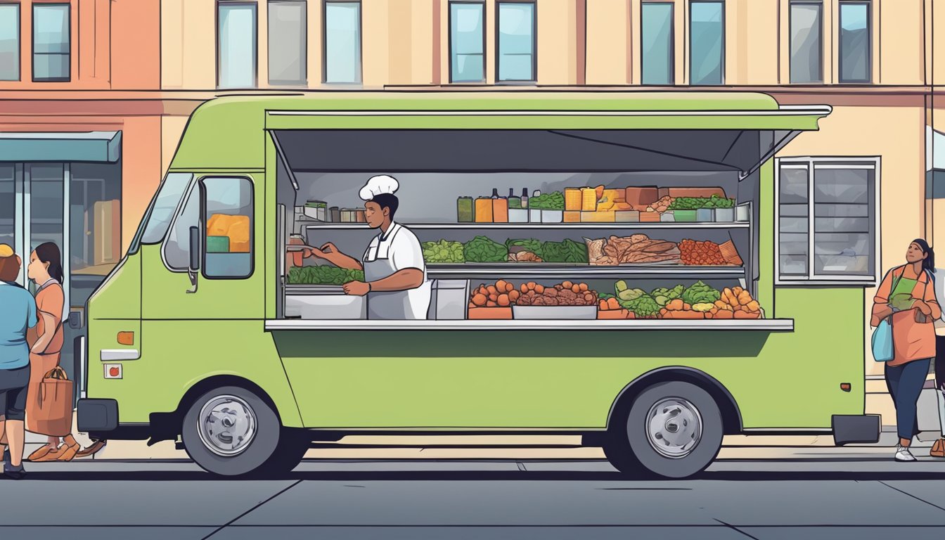 A food truck parked at a bustling outdoor market, with a chef wearing gloves and a hairnet while handling fresh produce and meats