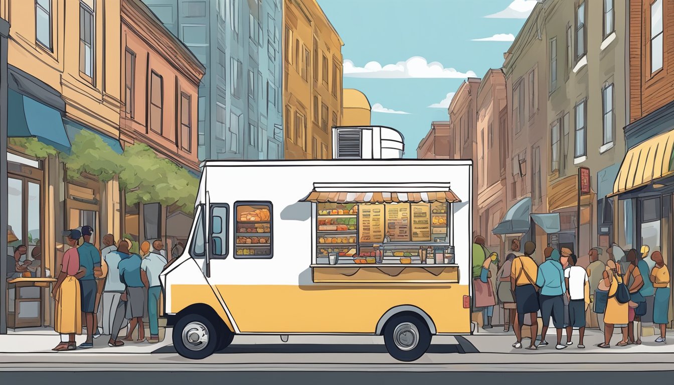 A food truck parked on a busy street in North Carolina, with a line of customers waiting to order. The truck displays a menu of delicious dishes