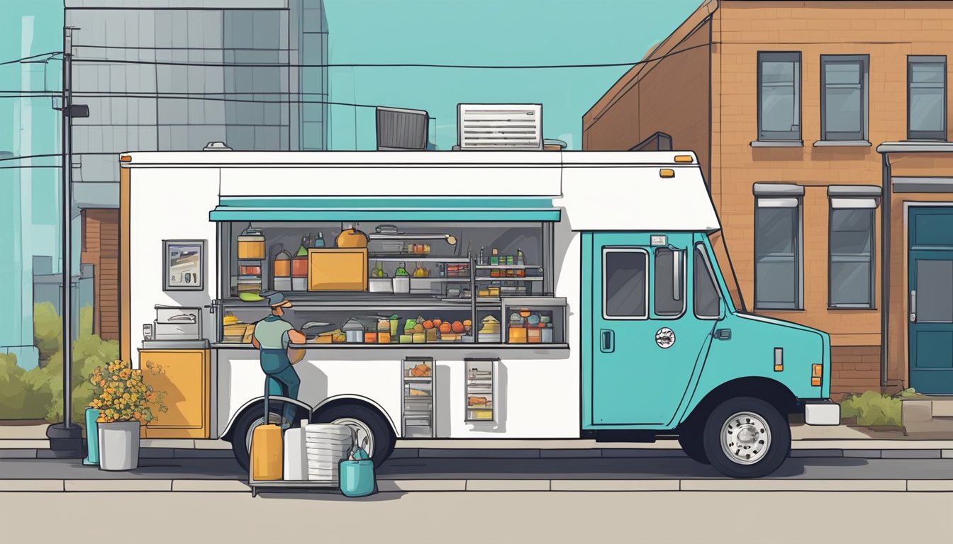 A food truck parked in North Dakota undergoes a health and safety inspection. Inspectors check for compliance with state laws and regulations