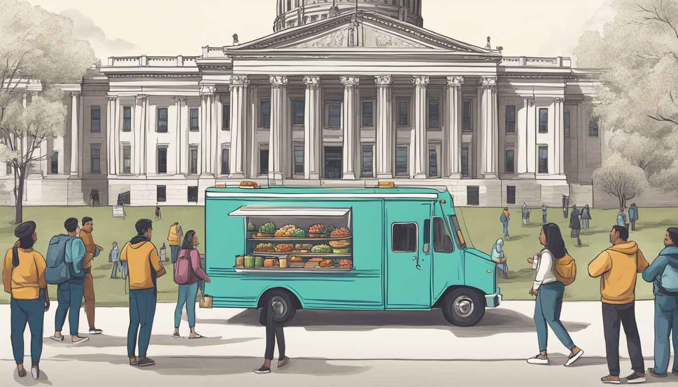 A food truck parked in front of a state capitol building, with a sign displaying "North Dakota Food Truck Laws" and a group of people discussing regulations