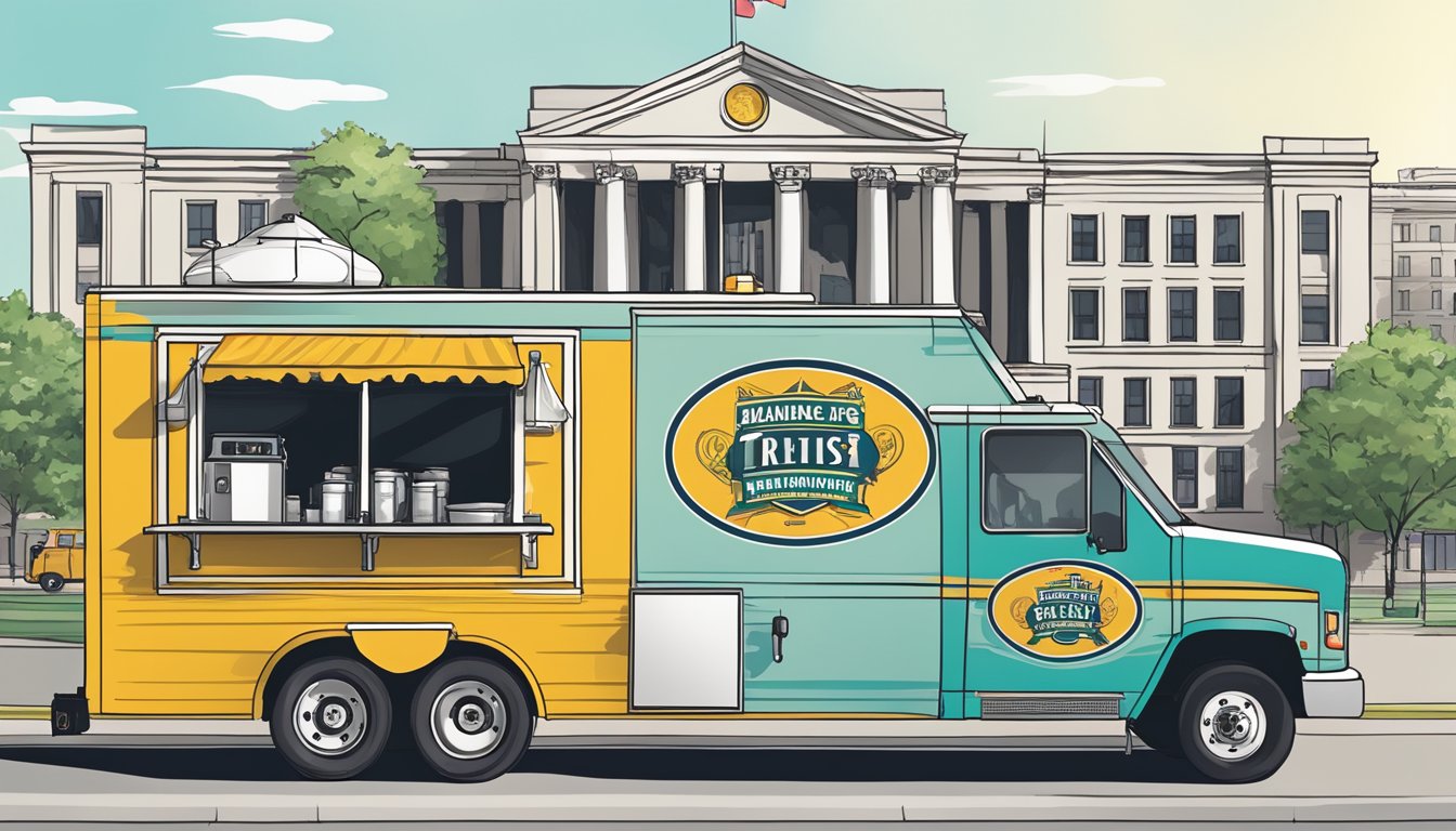 A food truck parked in front of the North Dakota State Capitol building, with a large sign displaying the truck's branding and marketing