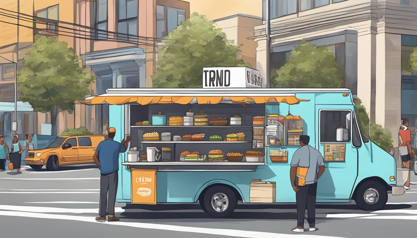 A food truck parked on a bustling street in North Carolina, with a line of customers waiting to order. A sign displays the various food truck laws and regulations