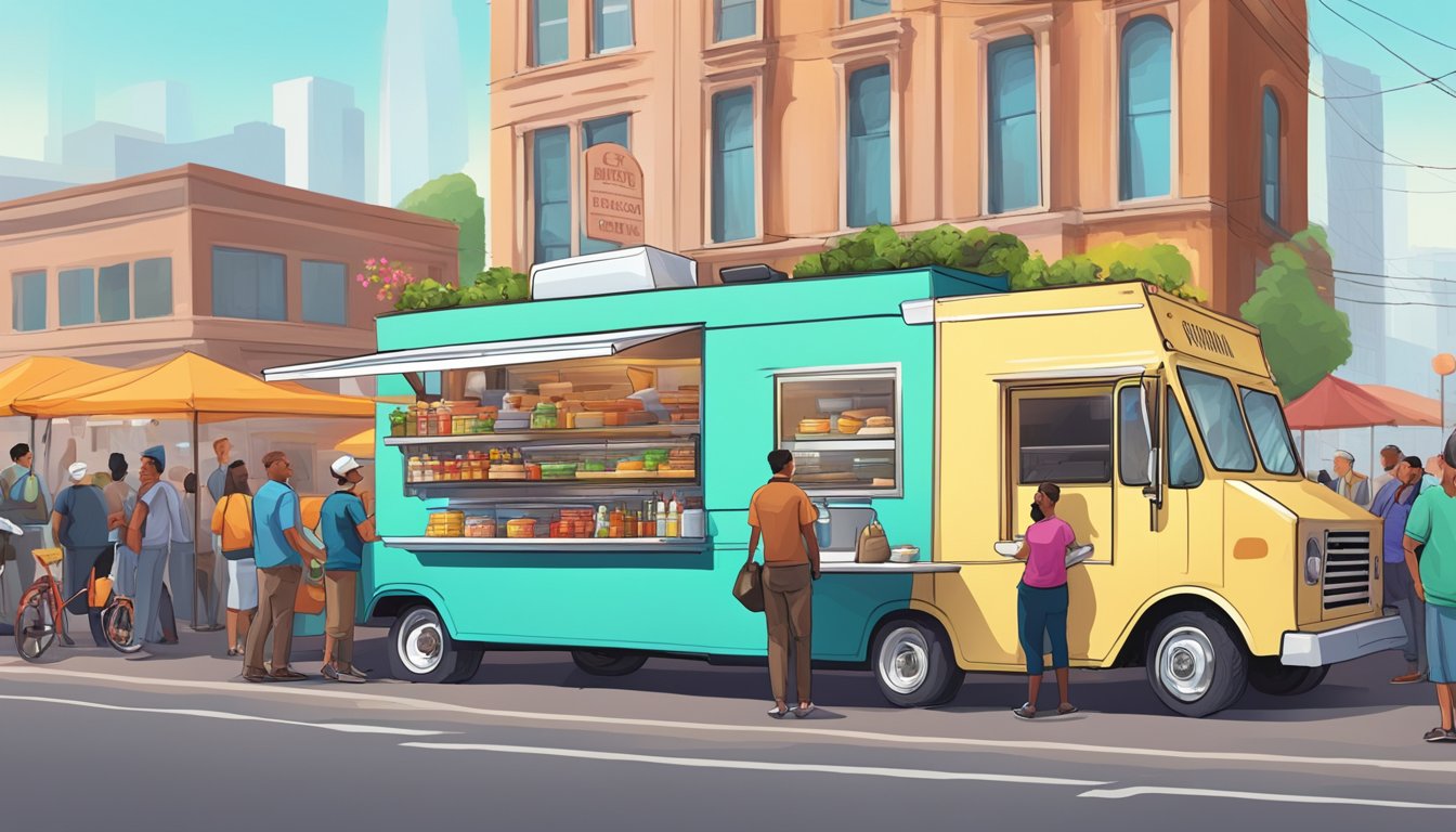 A food truck parked at a bustling market, surrounded by eager customers and colorful signage, while a city official inspects permits