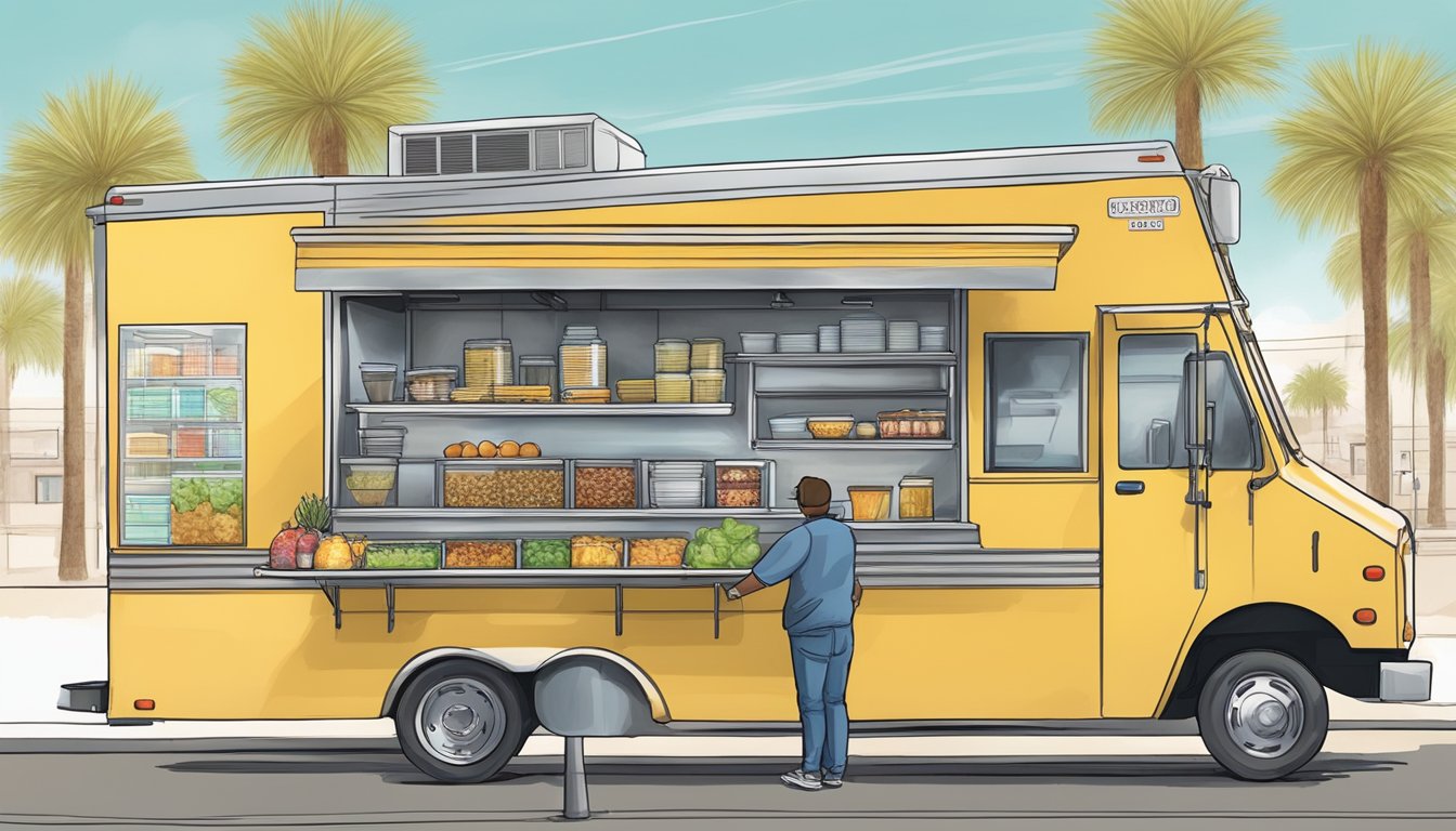 A food truck parked in compliance with New Mexico's food safety regulations, displaying required permits and following sanitation guidelines