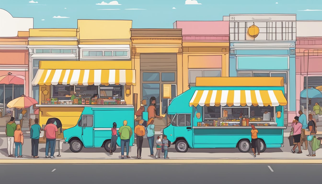 A row of colorful food trucks parked along a bustling street in Wichita, Kansas, with customers lining up to order and enjoy their meals