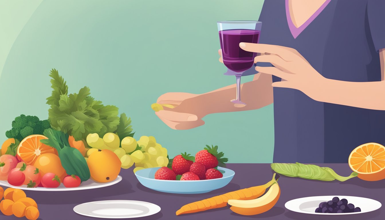 A person with diabetes holding a glass of acai juice next to a plate of fruits and vegetables