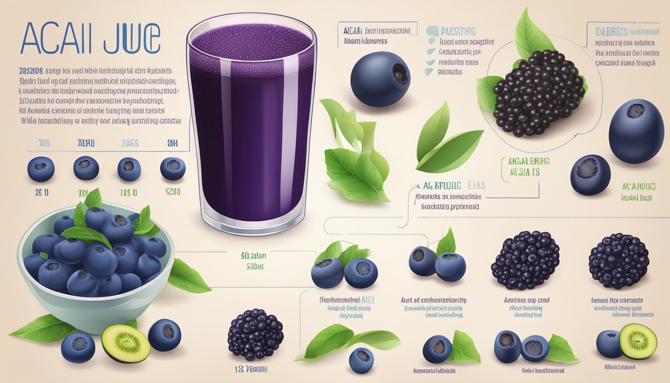 A glass of açai juice surrounded by a variety of fresh açai berries and a nutritional chart showing the benefits for diabetics