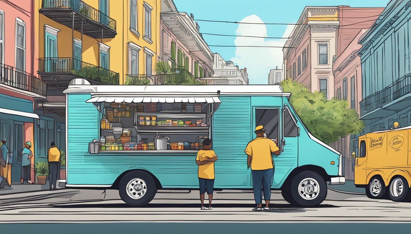 A food truck parked on a bustling street in New Orleans, with city officials inspecting its compliance with local fiscal responsibilities and food truck laws