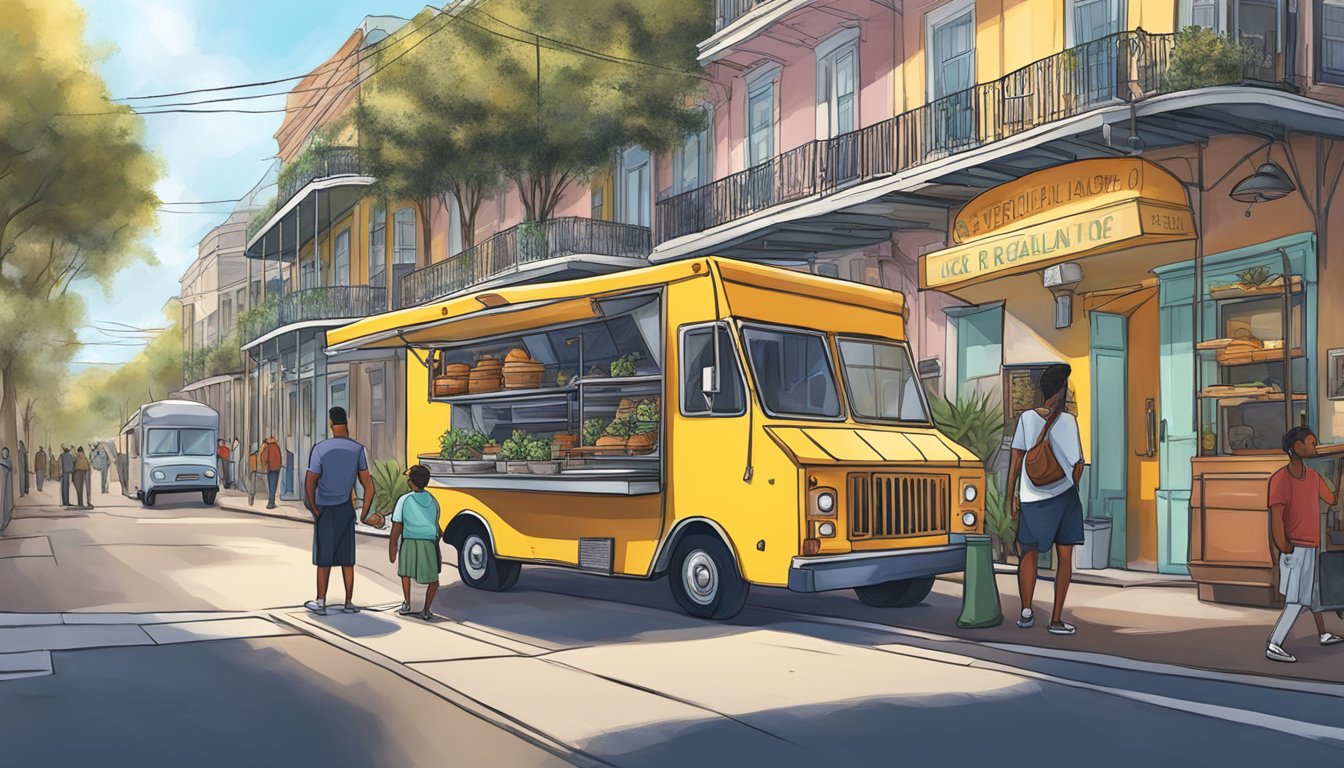 A food truck parked on a busy street in New Orleans, with a sign displaying specific laws and regulations for operation in the city