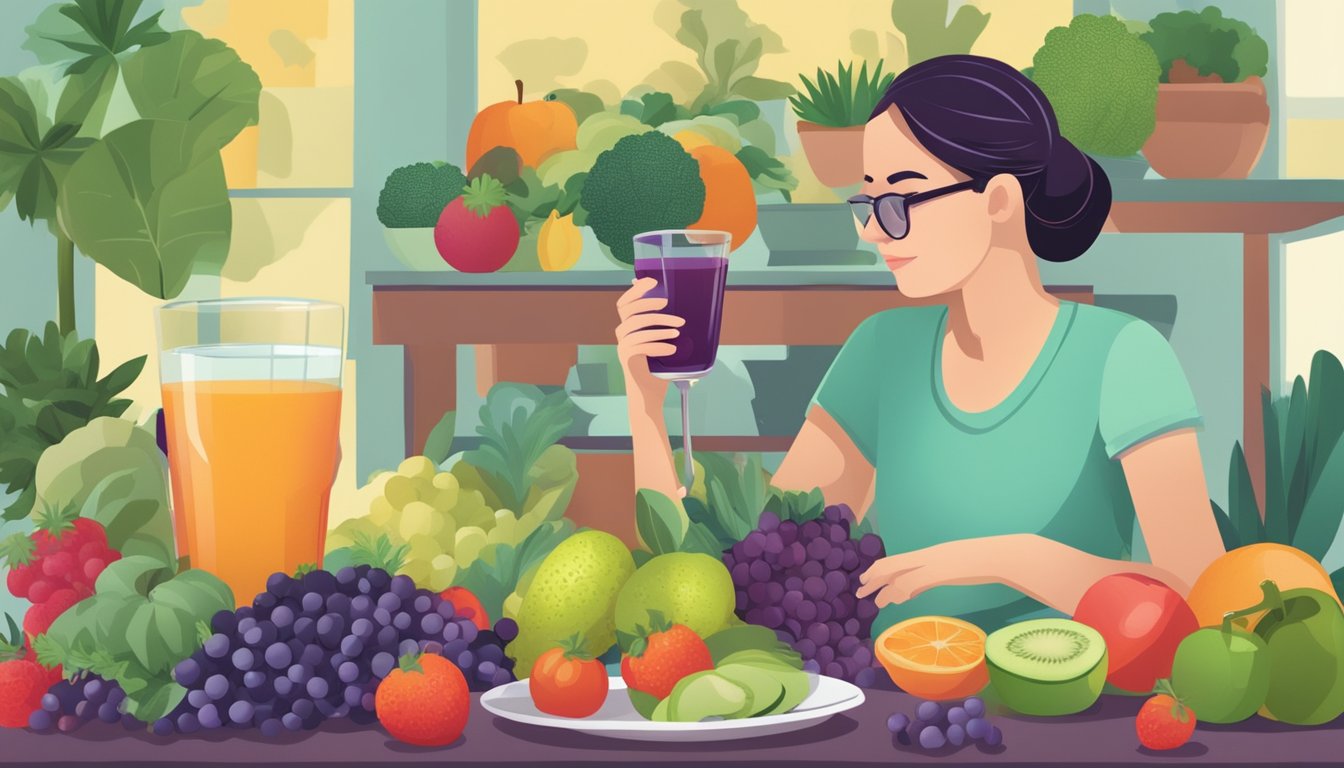 A person with diabetes enjoying a glass of acai juice while surrounded by a variety of fruits and vegetables, with a clear focus on the acai berries