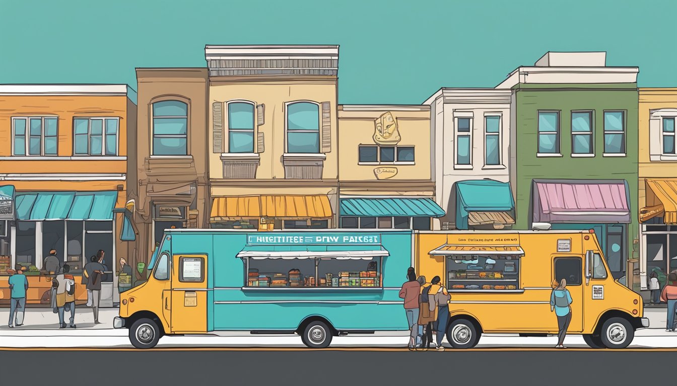 A row of food trucks parked on a busy street in Wichita, Kansas, with customers lining up to order and enjoy their meals