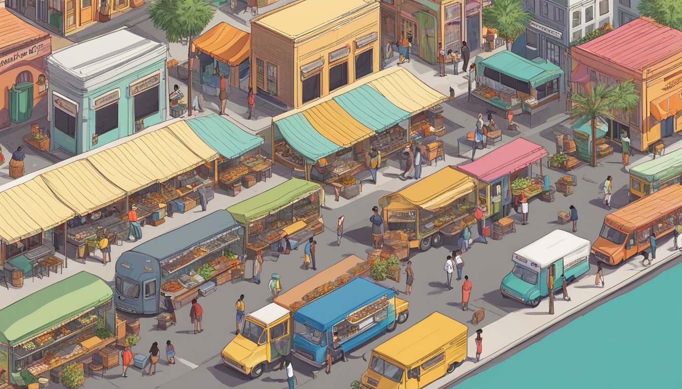 A bustling food truck park in New Orleans, with colorful trucks lined up and customers enjoying a variety of cuisines under the Louisiana sun