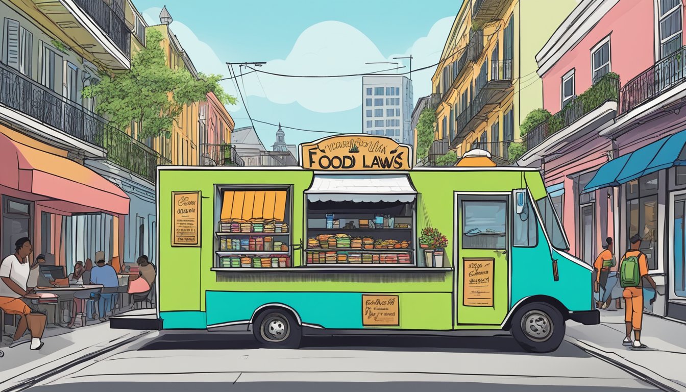 A food truck parked on a bustling street in New Orleans, Louisiana, with a sign displaying the city's food truck laws prominently