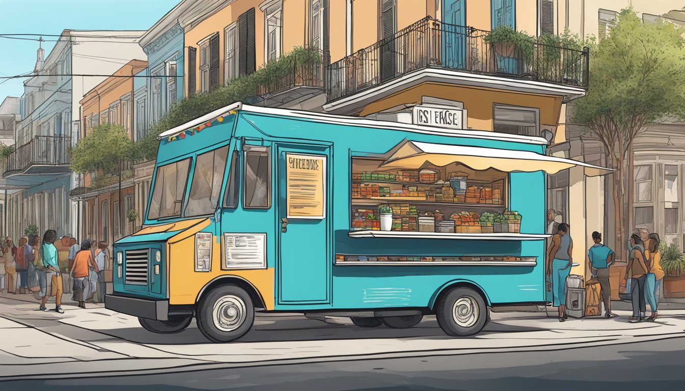 A food truck parked on a bustling New Orleans street, displaying a checklist of city regulations and standards prominently on its exterior