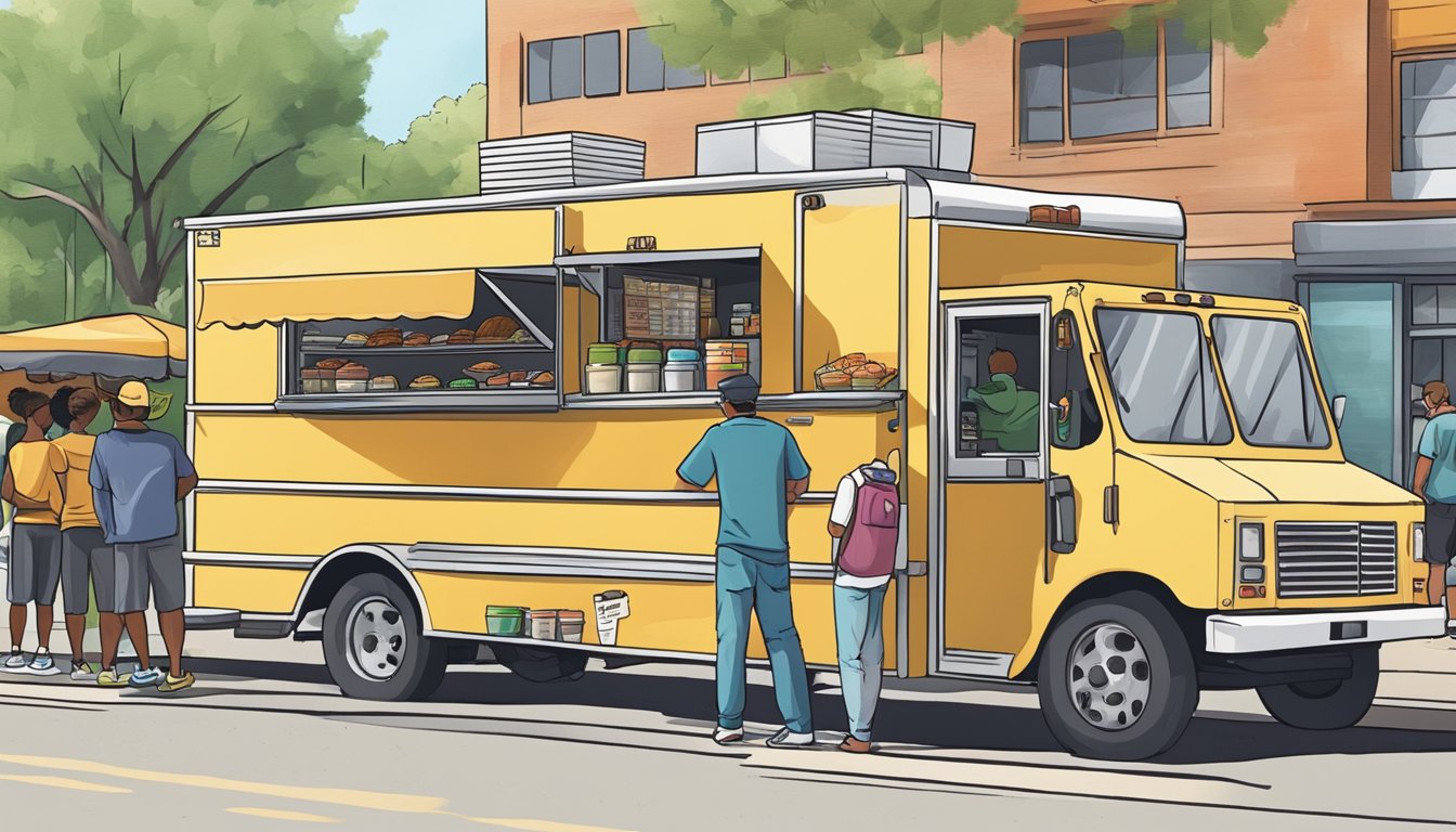 A food truck parked on a bustling street in Arlington, Texas, with a line of customers waiting to order. A city official is seen inspecting the truck for compliance with local food truck laws