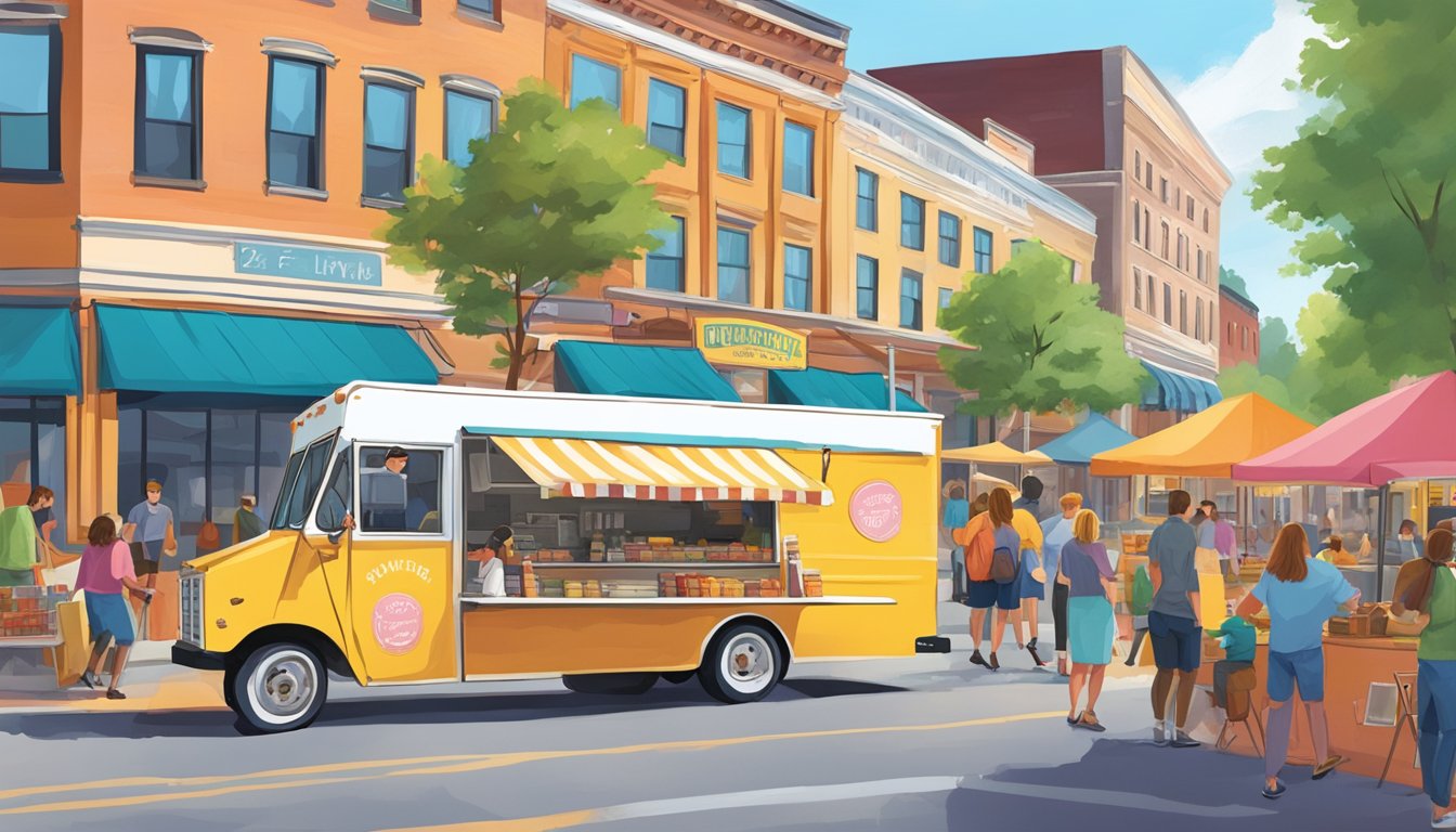 A food truck parked in a bustling New Hampshire town square, surrounded by eager customers and colorful signage