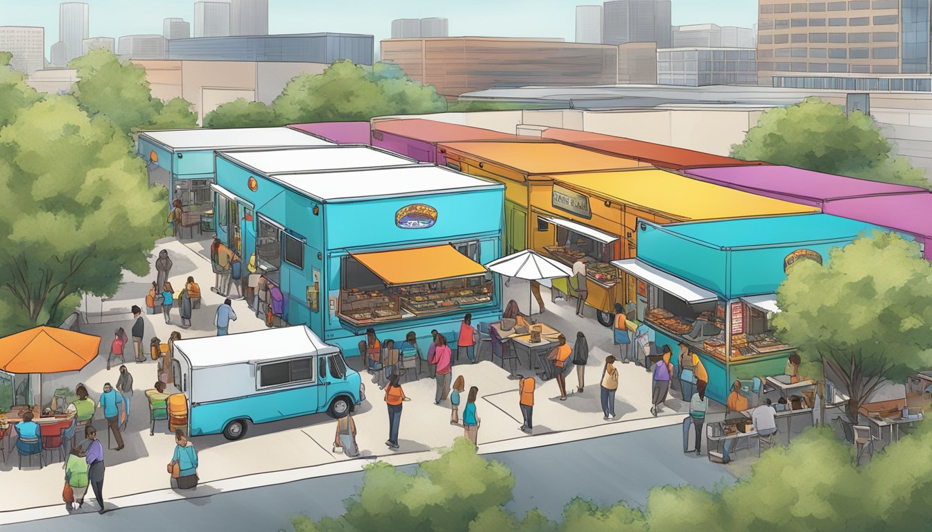 A bustling food truck park in Arlington, Texas, with colorful mobile units lined up, following strict operational requirements and food truck laws