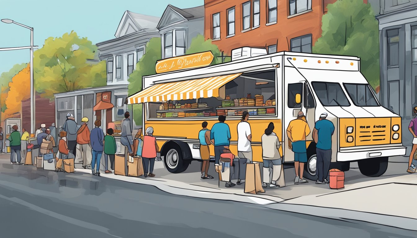 A food truck parked on a bustling street in New Hampshire, with a line of customers waiting to order, while the owner follows state food truck laws