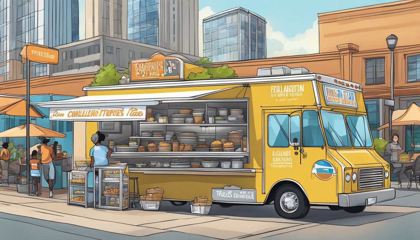 A food truck parked in compliance with Texas Food Establishment Rules, surrounded by the bustling streets of Arlington, Texas