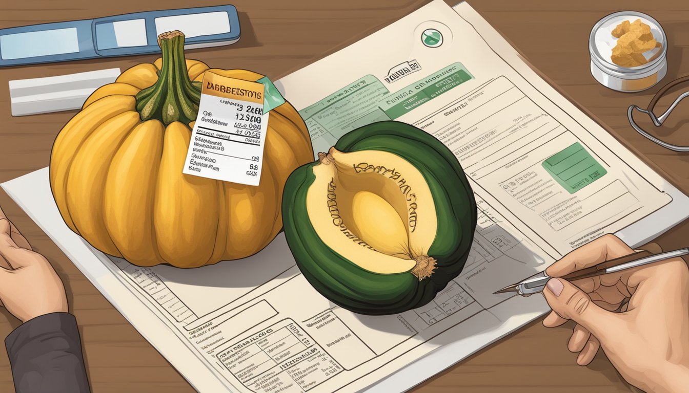 A diabetic person holding an acorn squash, with a nutrition label showing carbohydrate content and a doctor's prescription for dietary considerations