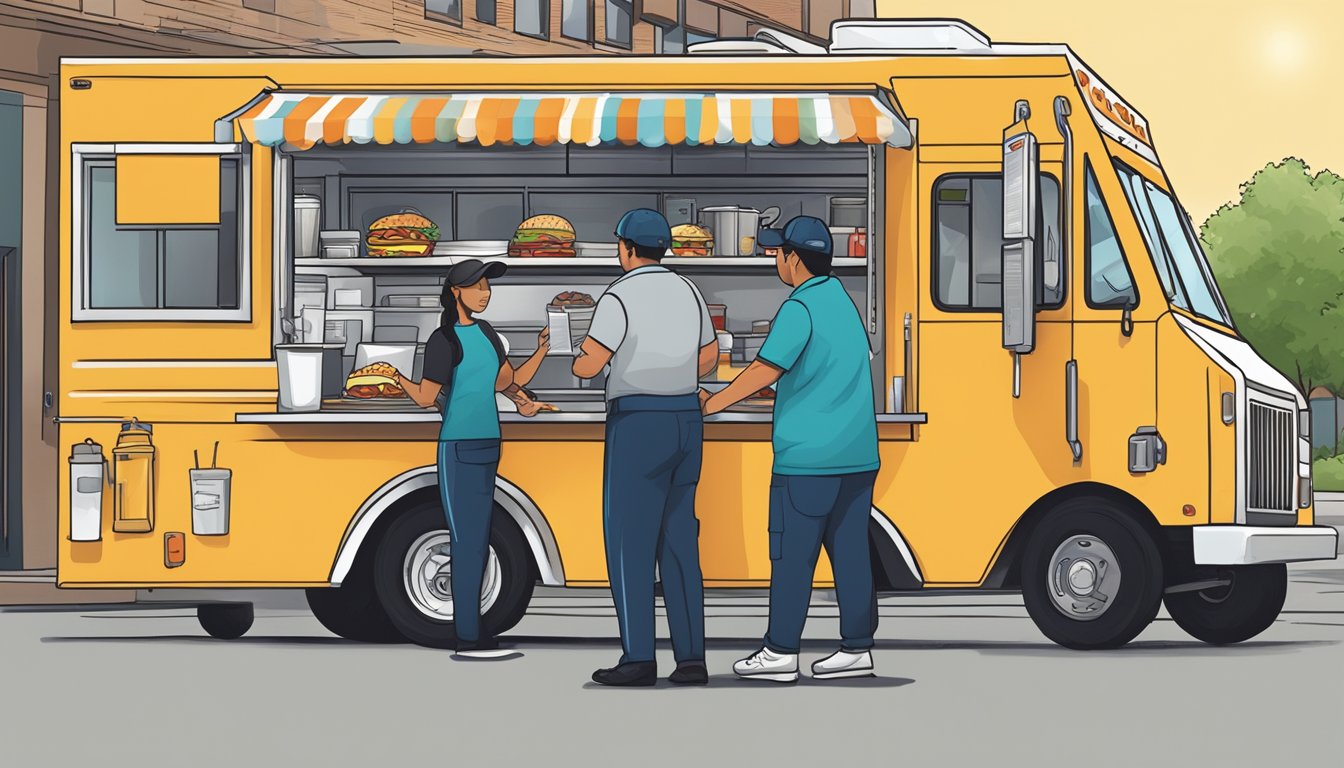 A food truck staff member receiving training and licensing from an official in Arlington, Texas