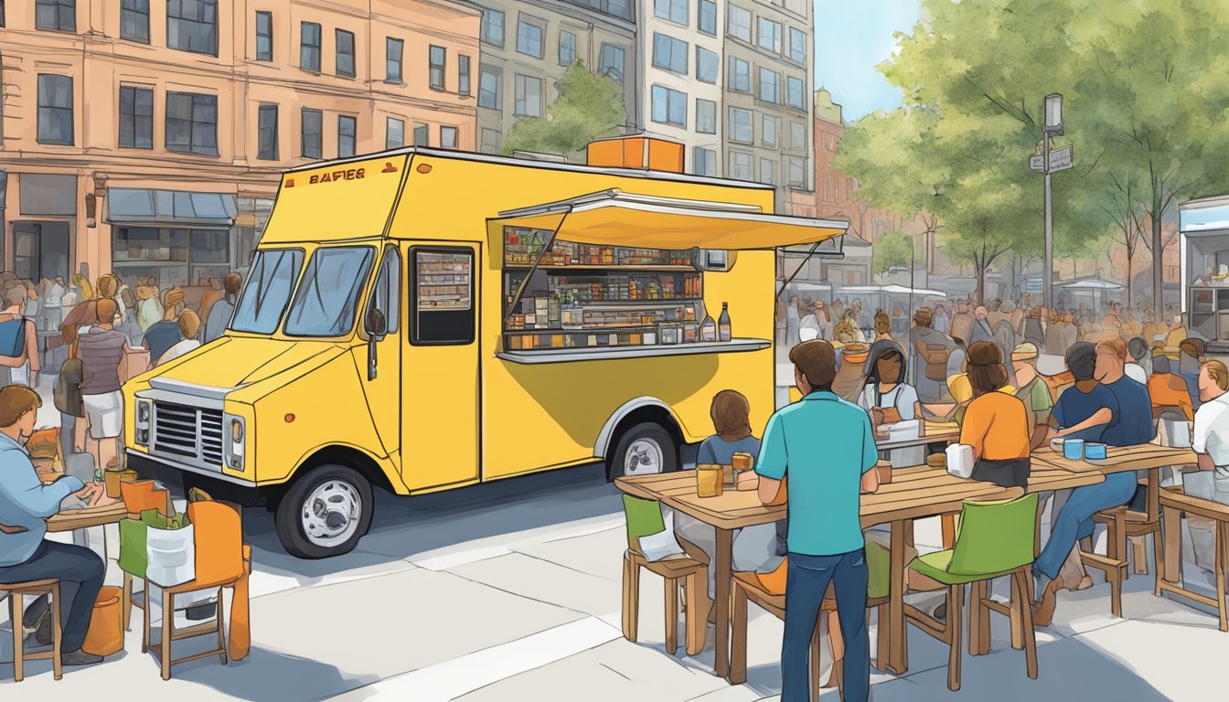 A food truck parked in a bustling city square, surrounded by eager customers and complying with New Hampshire's food truck laws