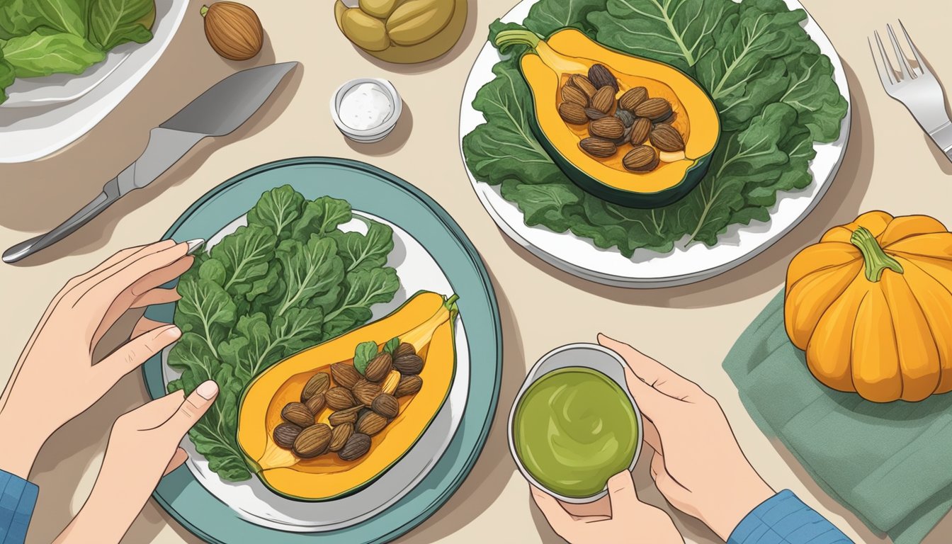 A dietician presenting a colorful plate of roasted acorn squash, leafy greens, and lean protein to a person with diabetes