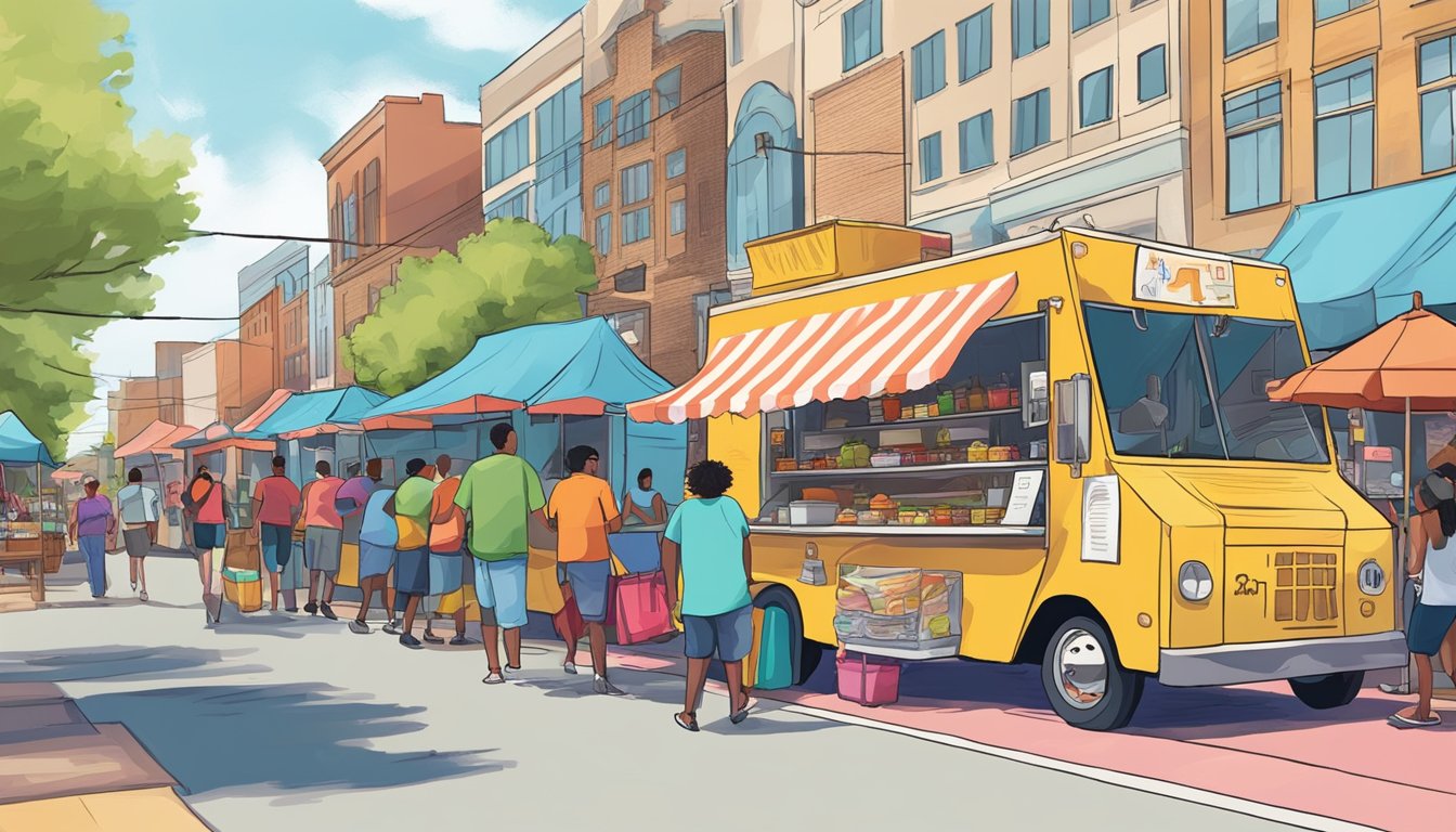 A row of colorful food trucks line a bustling street in Arlington, Texas, with customers milling about and enjoying a variety of delicious cuisines