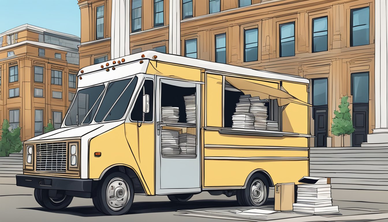 A food truck parked in front of a government building in New Hampshire, with a stack of legal documents and a city ordinance book on the counter