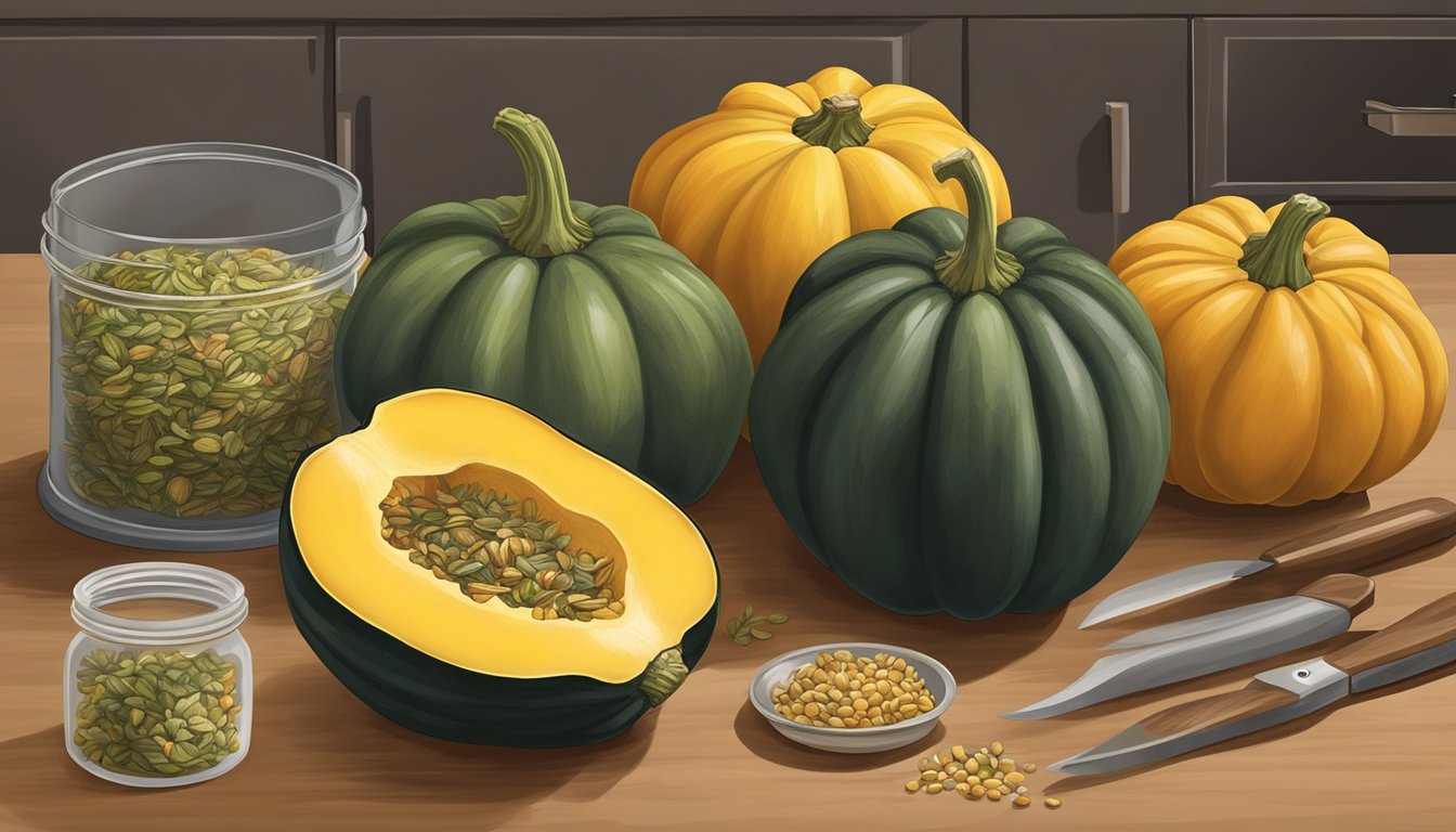 An acorn squash being cut and seeds removed, then stored in a pantry with other vegetables