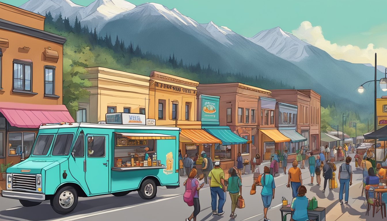 A food truck parked on a bustling street in Montana, surrounded by eager customers and colorful signage, with a mountainous backdrop