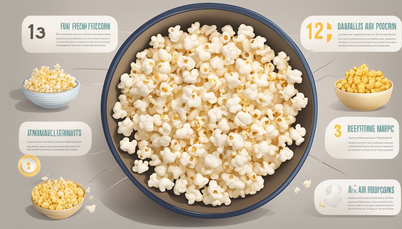 A bowl of air-popped popcorn surrounded by nutritional information labels and a diabetic-friendly symbol