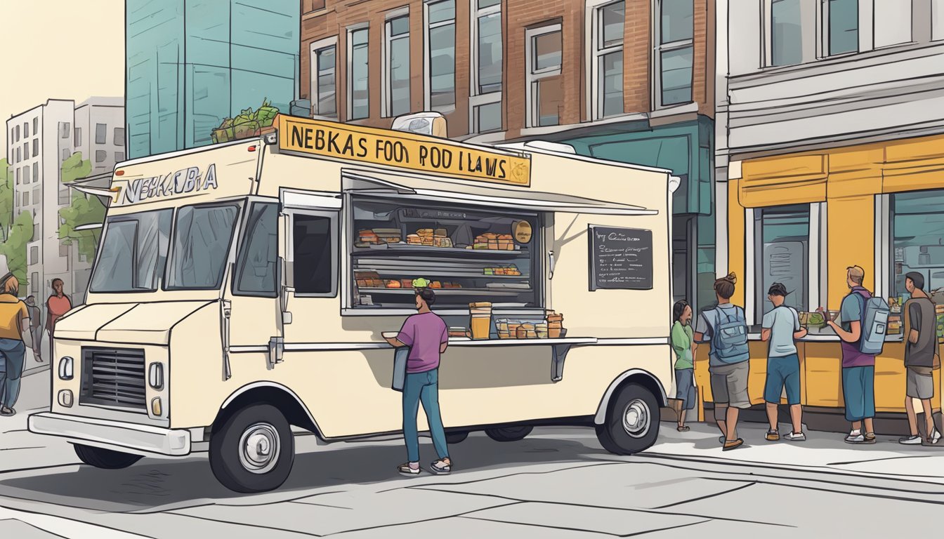 A food truck parked on a city street, with a line of customers waiting to order. A sign displays "Nebraska food truck laws" and a checklist of regulations