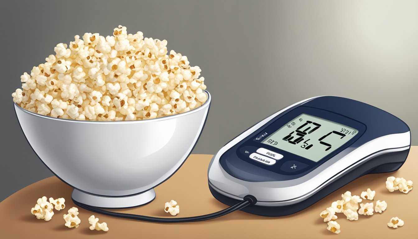 A bowl of air-popped popcorn sits next to a blood glucose monitor and a smiling diabetic patient