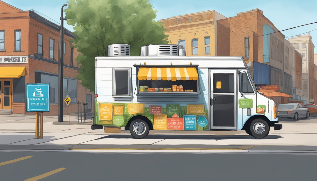 A food truck parked on a street corner, surrounded by signs indicating parking and location laws in Nebraska