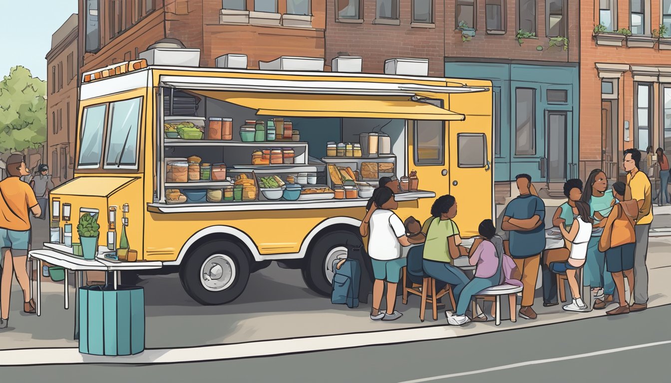 A food truck parked on a city street with a sign displaying "Food Truck Laws in Nebraska." A group of people are gathered around, discussing legal considerations