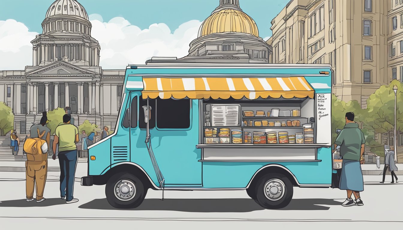 A food truck parked in front of the Montana state capitol building, with a line of customers waiting to order. A sign on the truck lists the special considerations for mobile food establishments