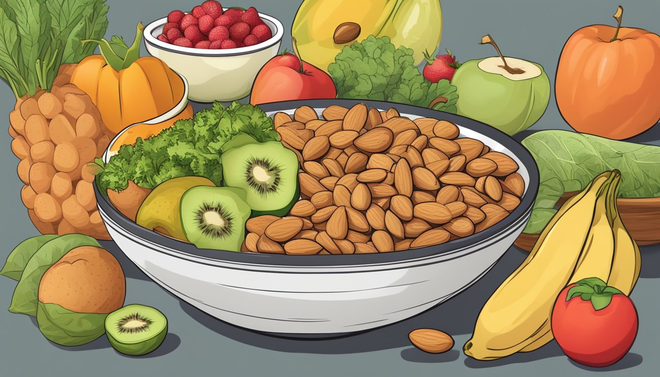 A bowl of almonds surrounded by a variety of fruits and vegetables, with a nutrition label in the background