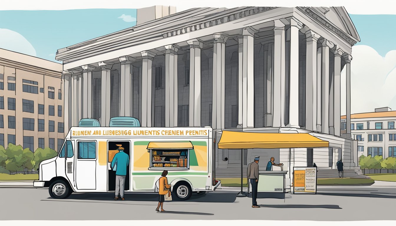 A food truck parked in front of a government building, with a sign displaying "Licensing and Permits" in bold letters. A city official is talking to the food truck owner