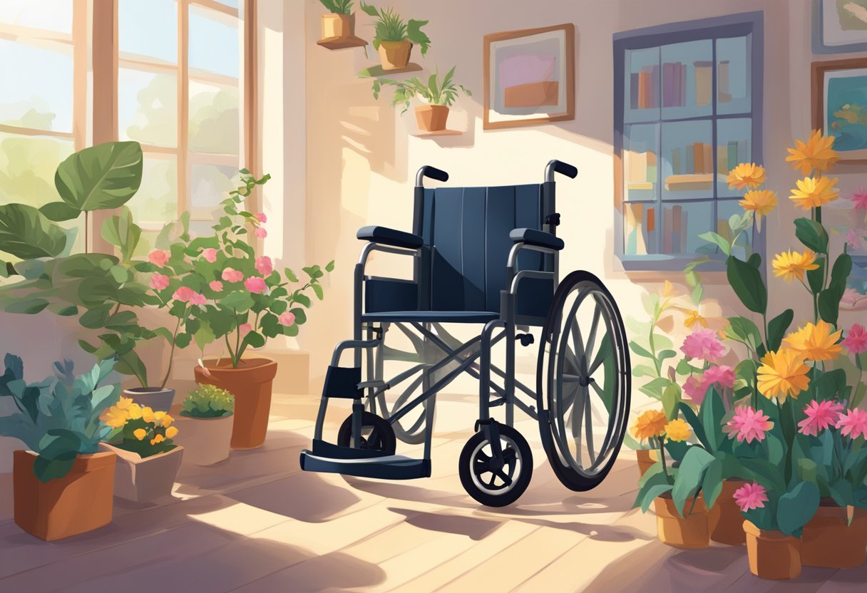 Un fauteuil roulant est vide dans une pièce baignée de soleil, entouré de fleurs et de plantes colorées. Un livre est ouvert sur une table voisine, avec une paire de lunettes reposant dessus.