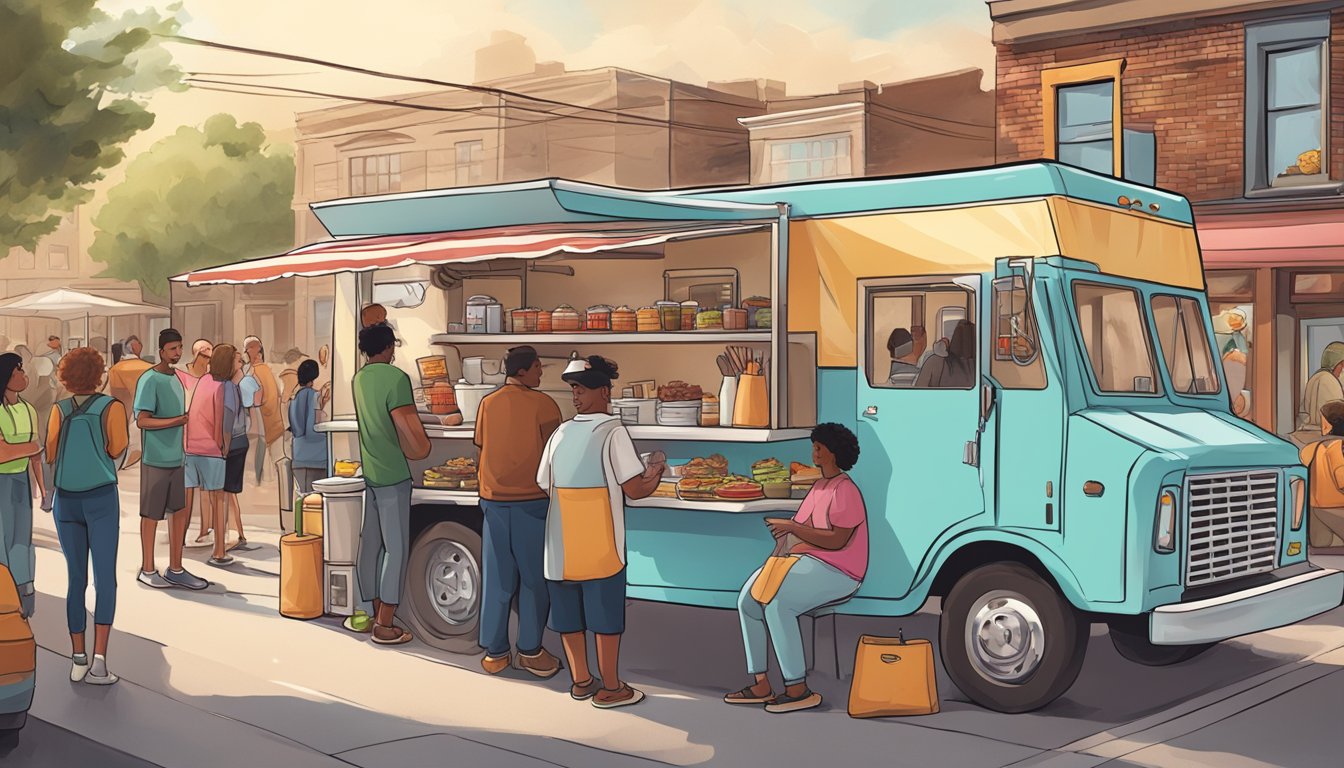 A food truck parked on a bustling street in Missouri, with a crowd of people gathered around, engaging with the friendly staff and enjoying the delicious offerings