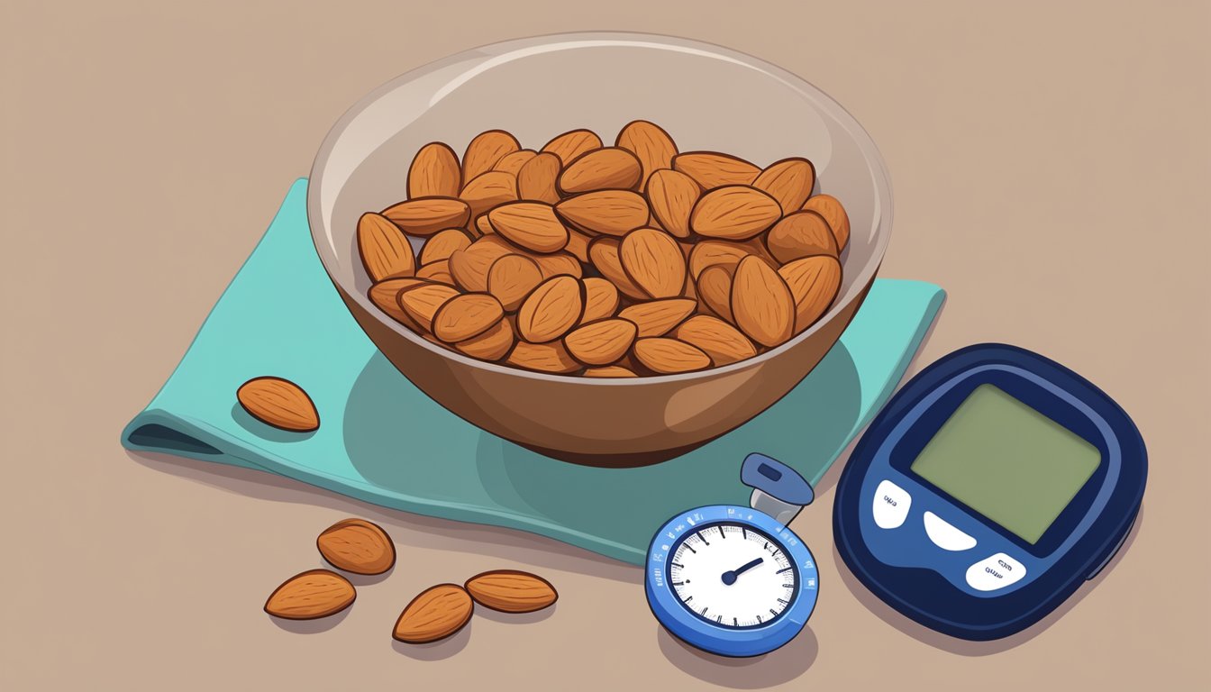 A bowl of almonds next to a heart and a blood glucose monitor