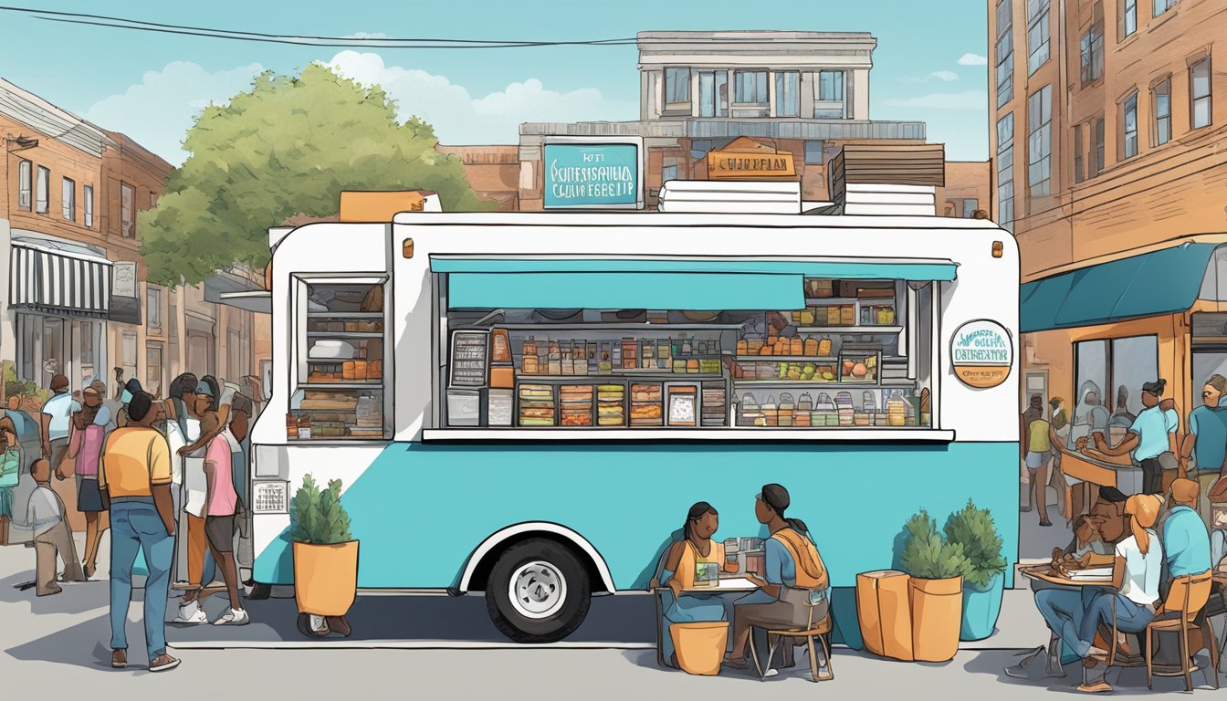 A food truck parked in a bustling city, surrounded by customers and vendors. A sign displays "Operational Guidelines for Mississippi Food Trucks."