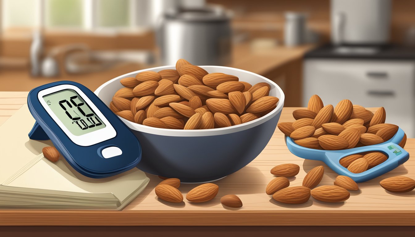 A bowl of almonds and a blood glucose monitor on a kitchen counter