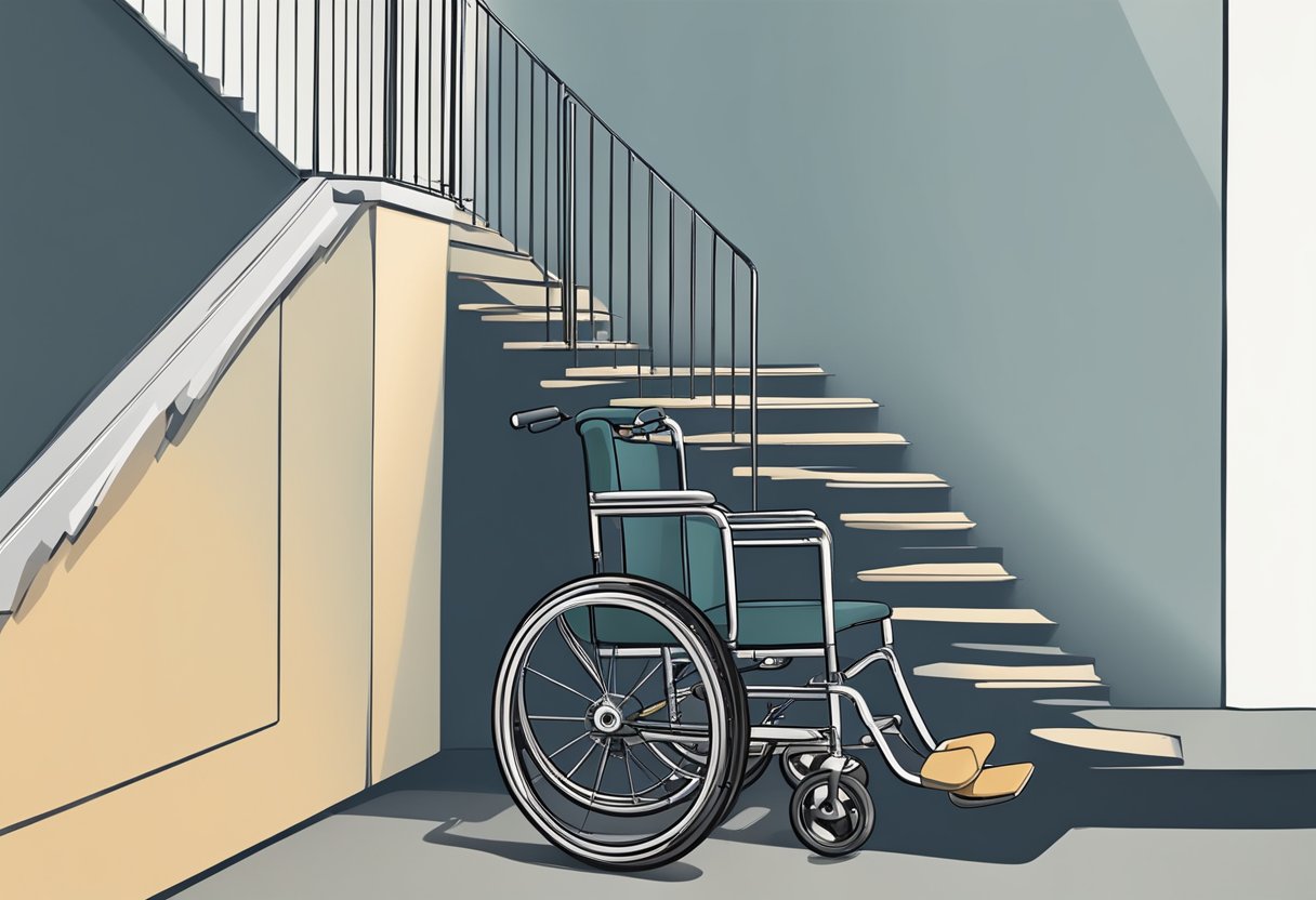 Un fauteuil roulant est vide au sommet d'un escalier raide, inaccessible à la personne paraplégique en bas.