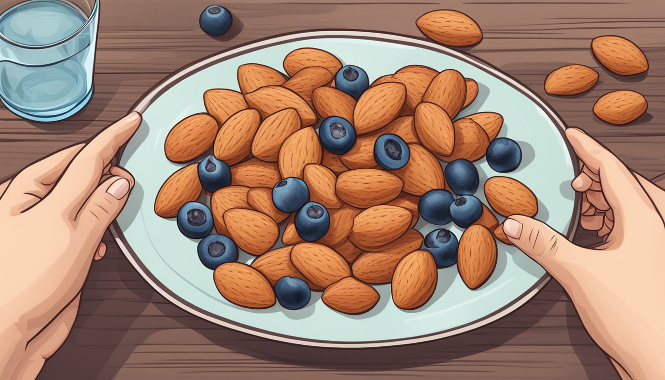 A diabetic person holding a handful of almonds, with a plate of fresh fruits and a glass of water on the table