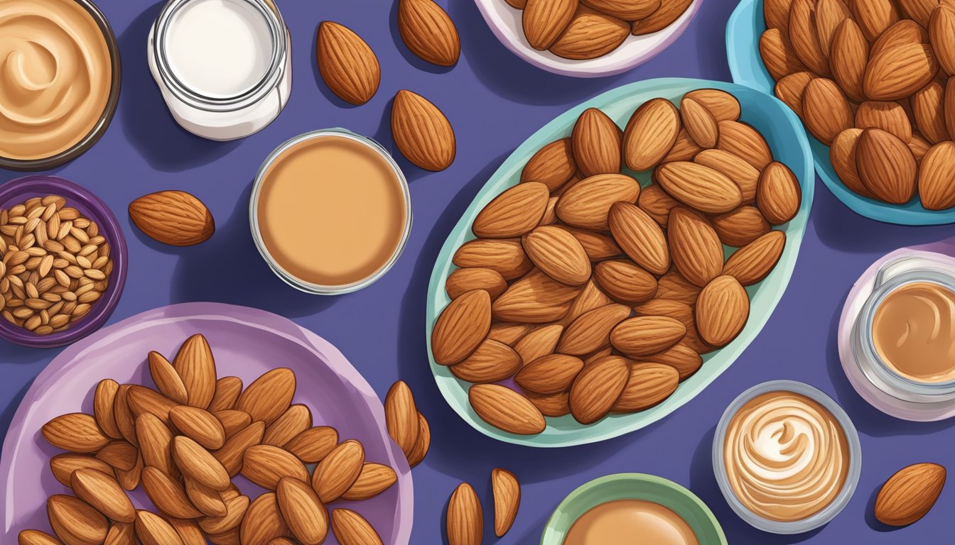 A colorful array of almonds arranged in various creative ways, such as almond butter, almond milk, and almond-crusted dishes, displayed on a vibrant table setting